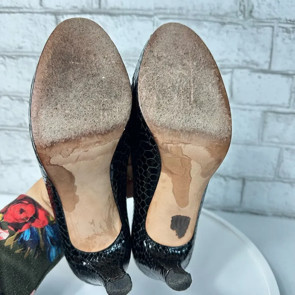 Stuart Weitzman Heels Leather Croc Snake Pattern Patent Peep Toe Pump Black 7.5
